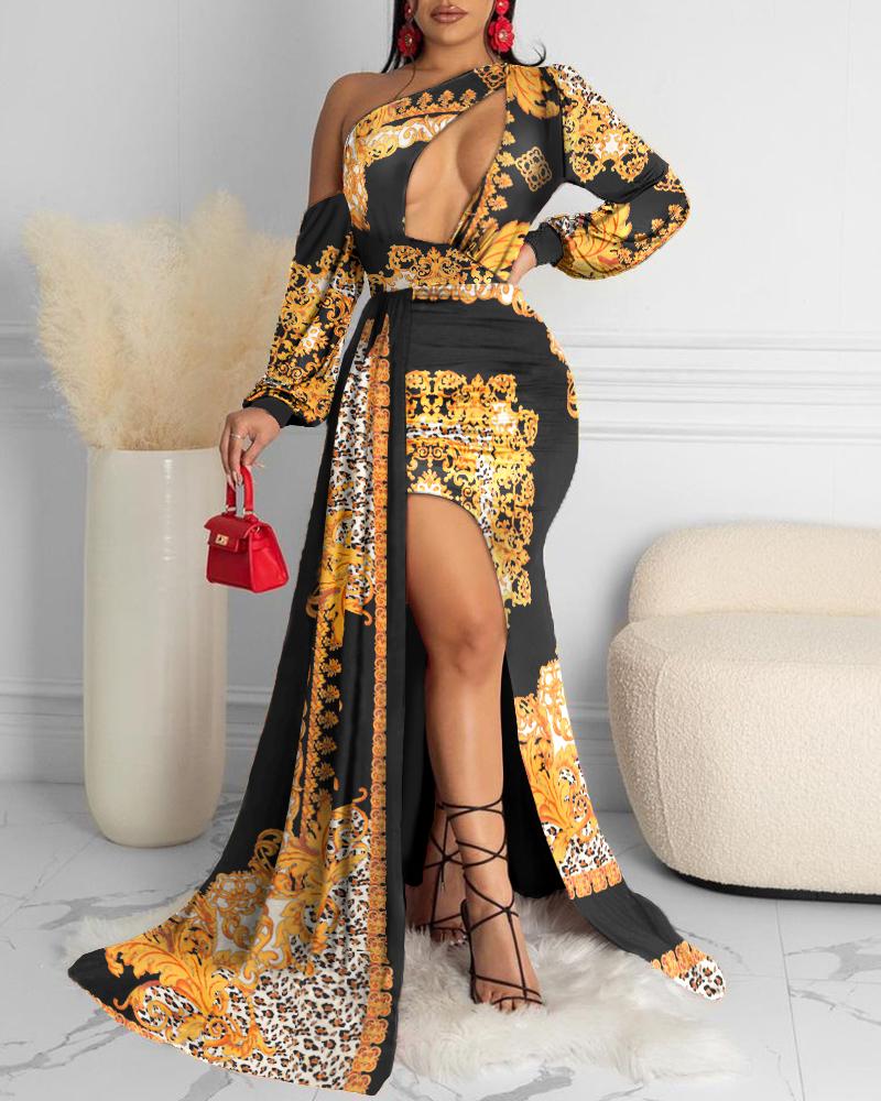 

Scarf One Shoulder High Slit Party Dress, Black