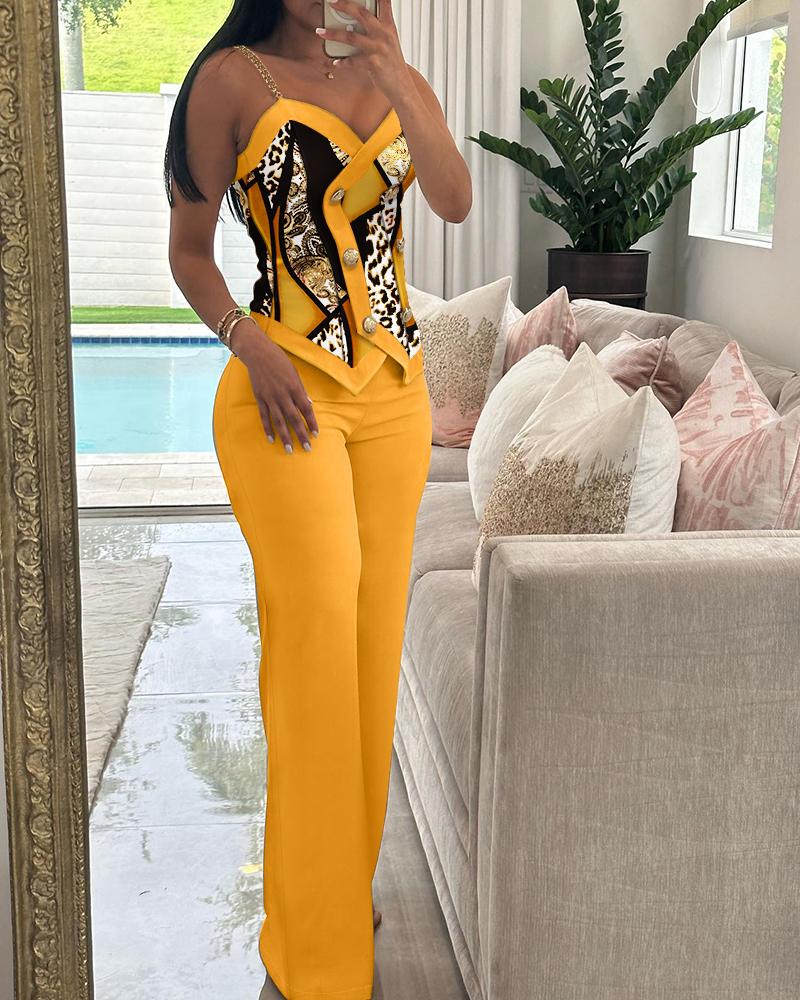 

Conjunto de blusa cami com estampa de leopardo barroco e calças de perna reta, Yellow