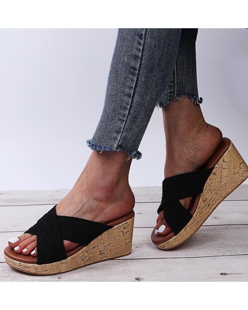 

Round-toe Fish Mouth Cross Strap Wedge Flat Slippers, Black