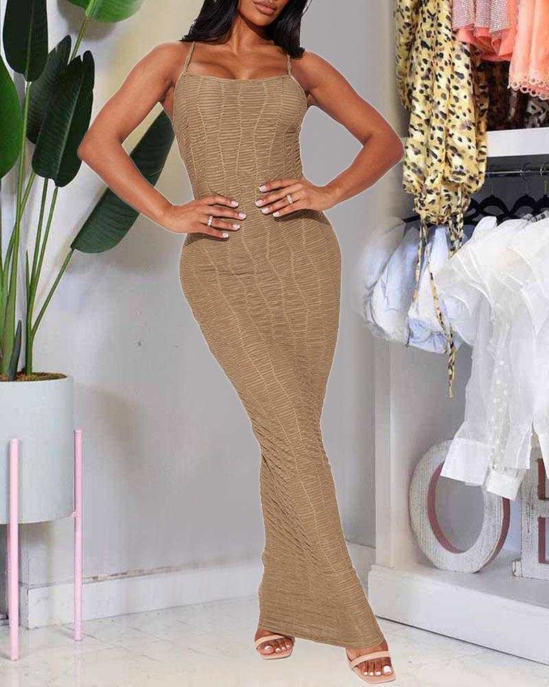 

Textured Ruched Spaghetti Strap Bodycon Dress, Khaki