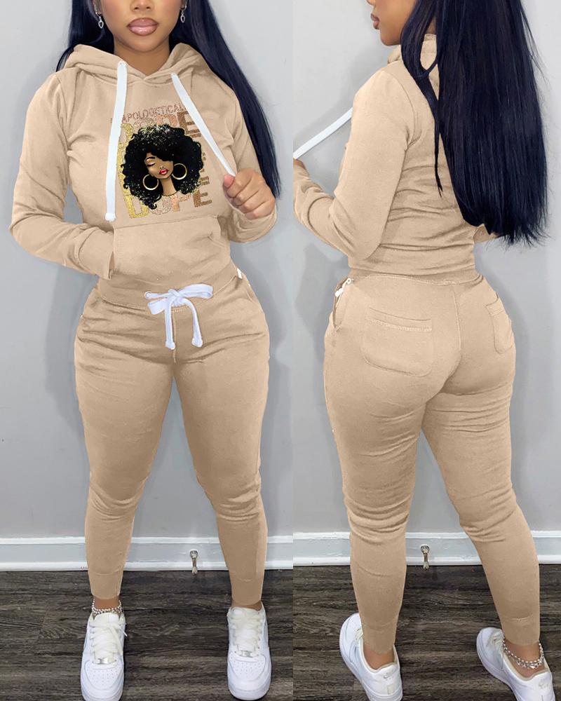 

Figure Letter Print Casual Hoodie & Pants Set, Khaki
