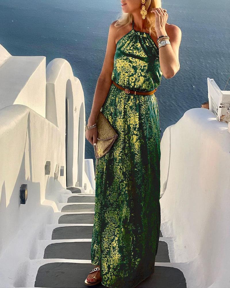 

Metallic Design Sleeveless Halter Maxi Dress, Olive green