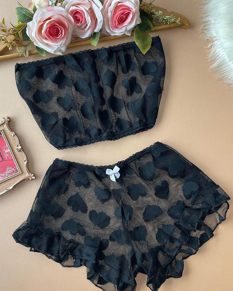 

Heart Flocked Ruffle Hem Sheer Mesh Lingerie Set, Black