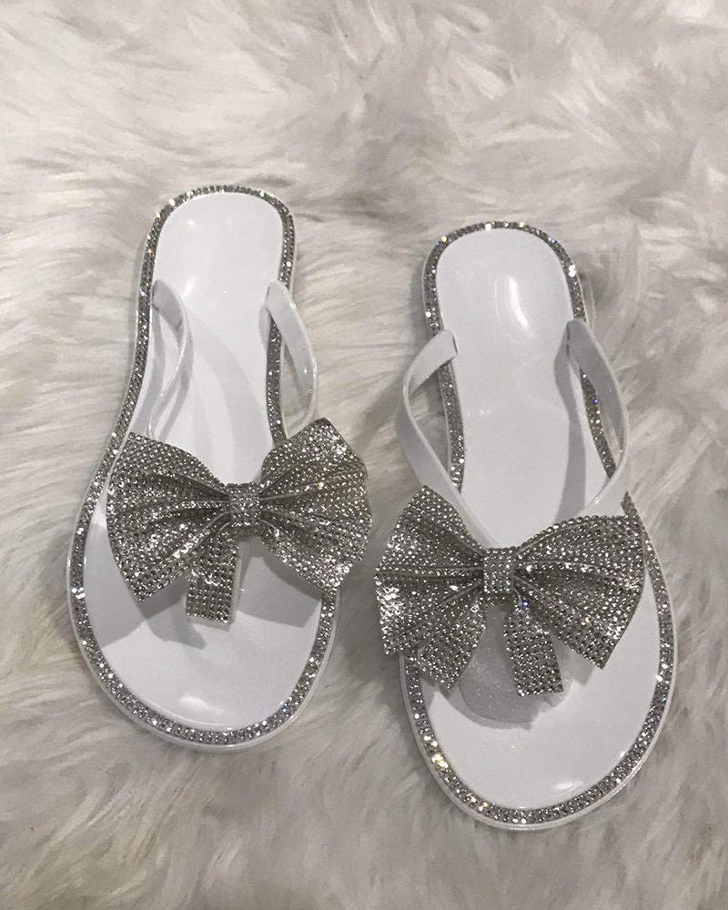 

Rhinestone Bowknot Pattern Toe Post Slippers, White