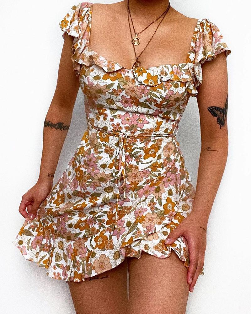 

Square Neck Ruffles Short Sleeve Floral Print Dress, Multicolor