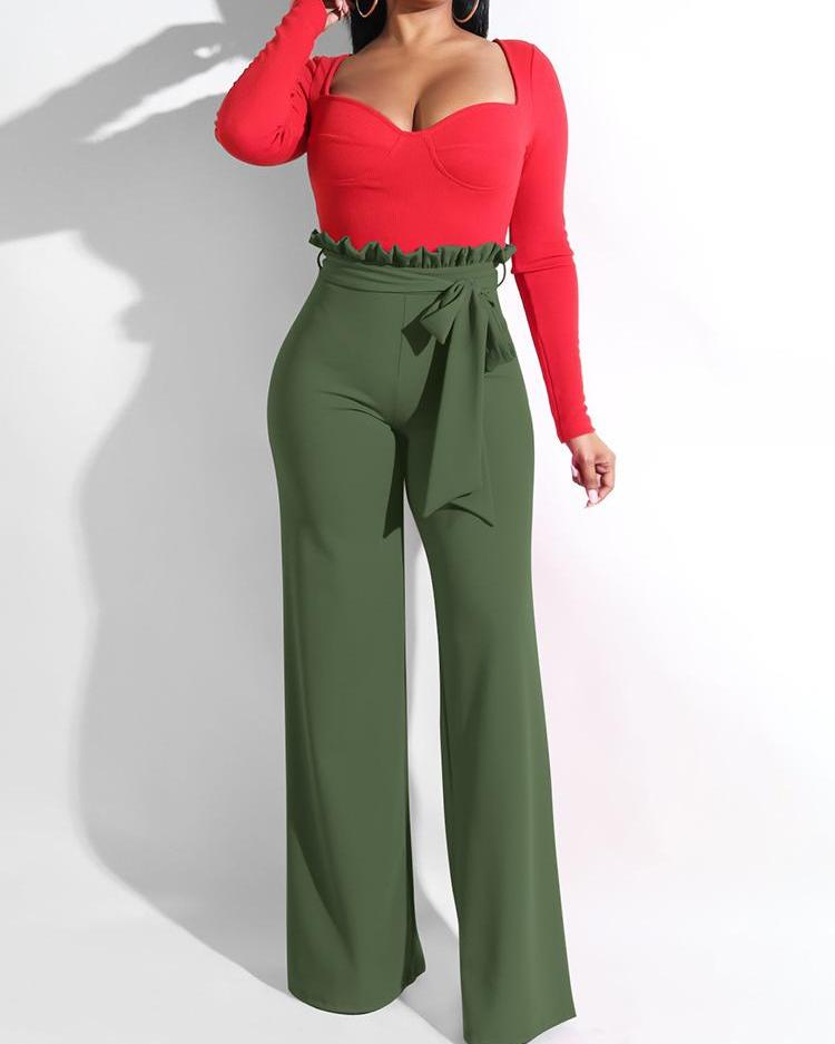 

Frills High Waist Wide Leg Belted Pants, Army green