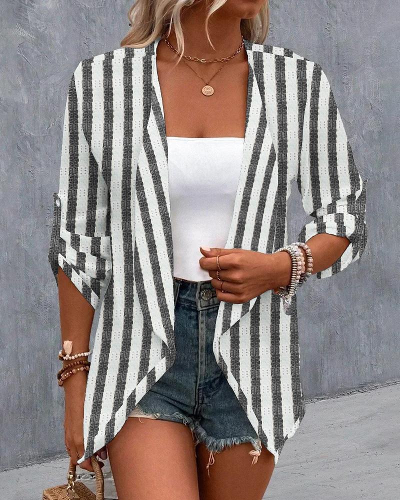 

Striped Roll Up Sleeve Open Front Lace Coat, Black