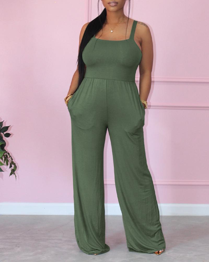 

Thin Strap Square Neck Straight Leg Jumpsuit, Army green