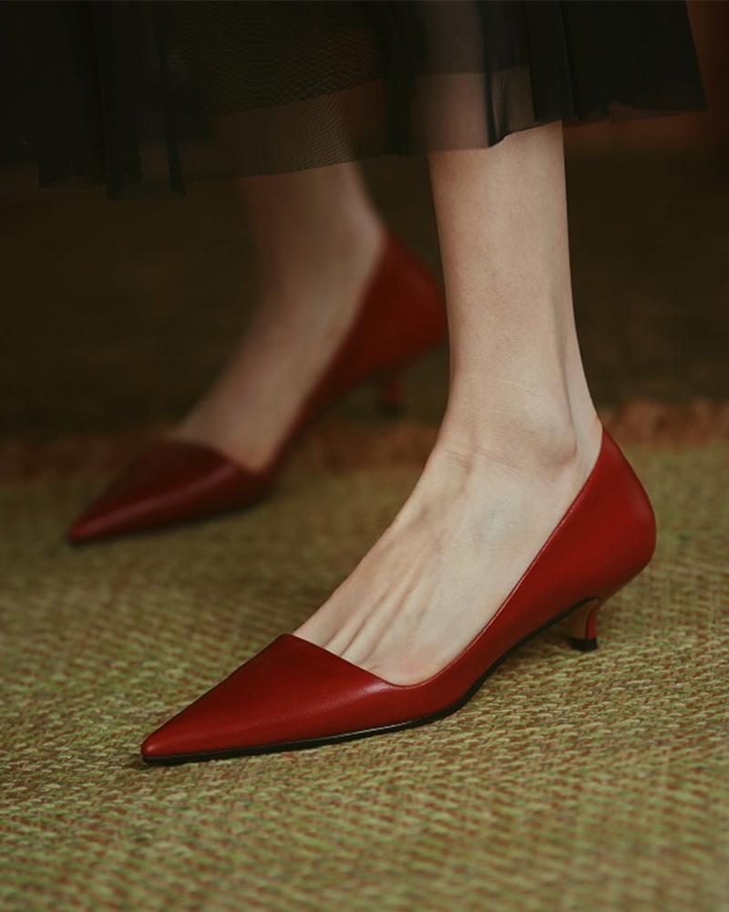 

Solid Low Heel Pointed-toe Heels, Red