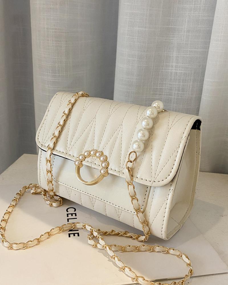 

Quilted Pearls Decor Chain Strap Flap Shoulder Bag, White