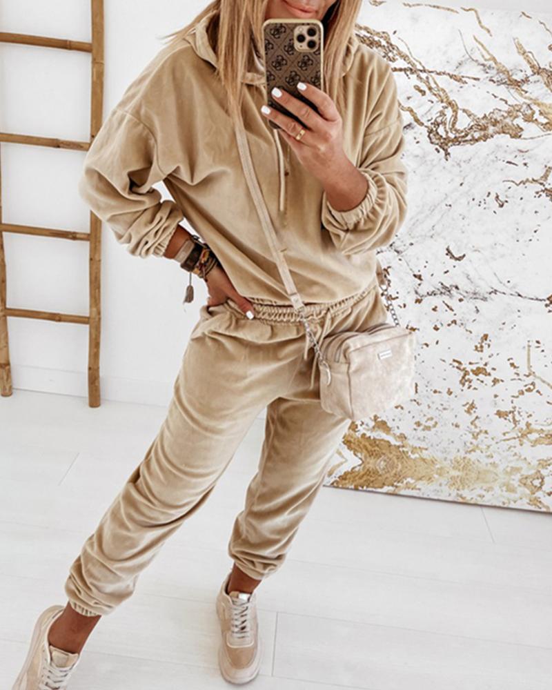 

Two Piece Sets Casual Long Sleeve Solid Velvet Drop Shoulder Drawstring Hoodie & Pants Set, Khaki