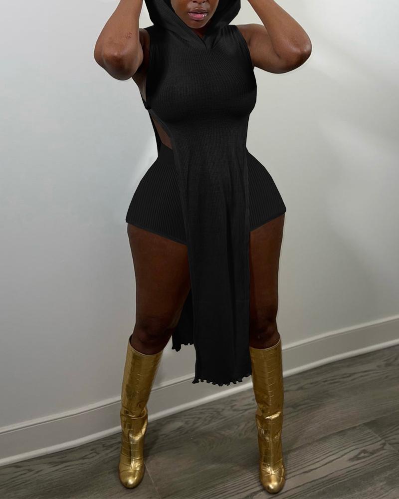 

Ribbed High Slit Hooded Top & Shorts Set, Black