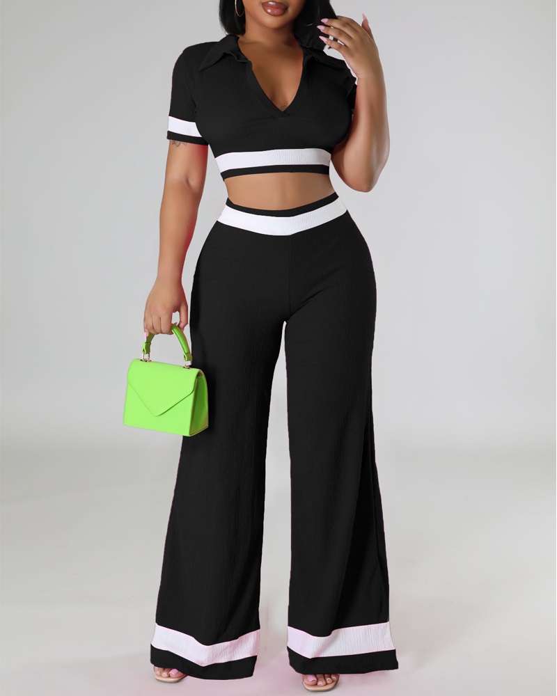 

Striped Top & Wide Leg Pants Set, Black