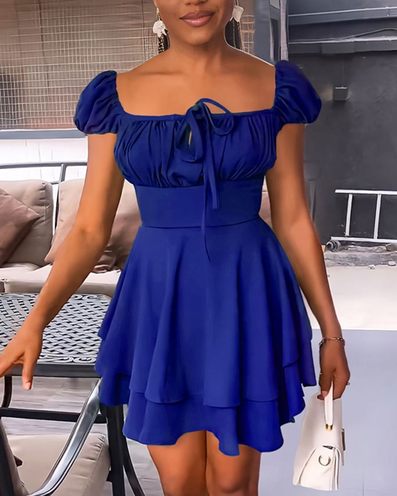 

Puff Sleeve Layered Ruffles Casual Dress, Blue
