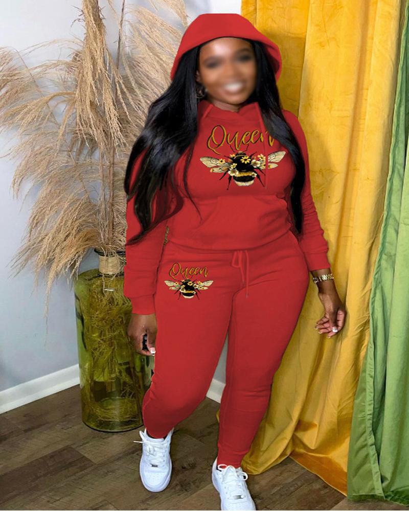 

Plus Size Letter Bee Print Casual Hoodie & Pants Set, Red