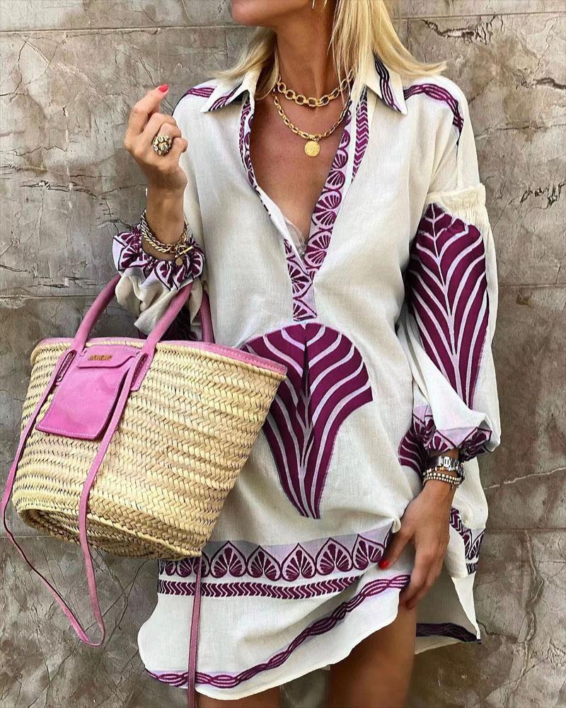 

Tribal Print Lantern Sleeve Casual Shirt Dress, Purple