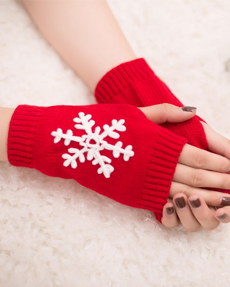 

1Pair Christmas Snowflake Embroidery Fingerless Gloves, Red