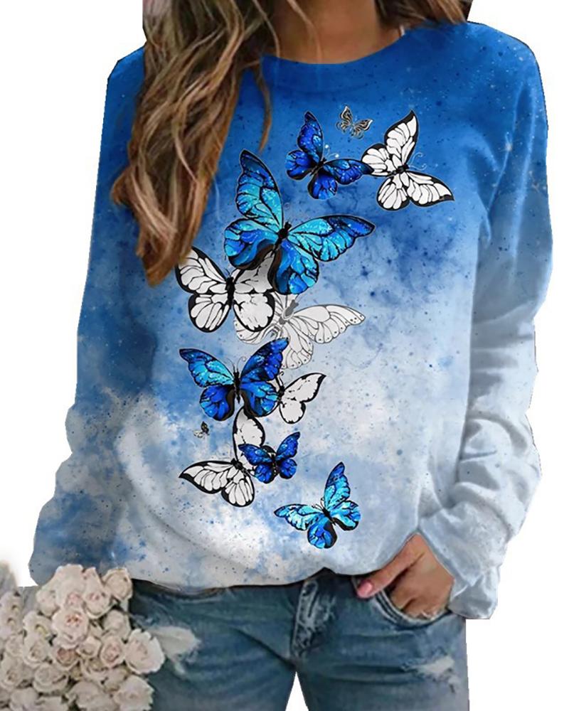 

Butterfly Print Long Sleeve Casual Top, Turquoise blue