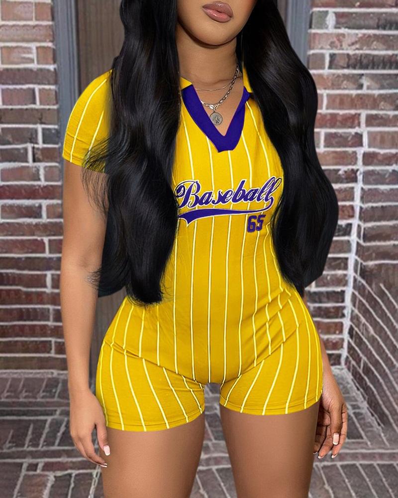 

Striped Letter Baseball Print Casual Romper, Yellow