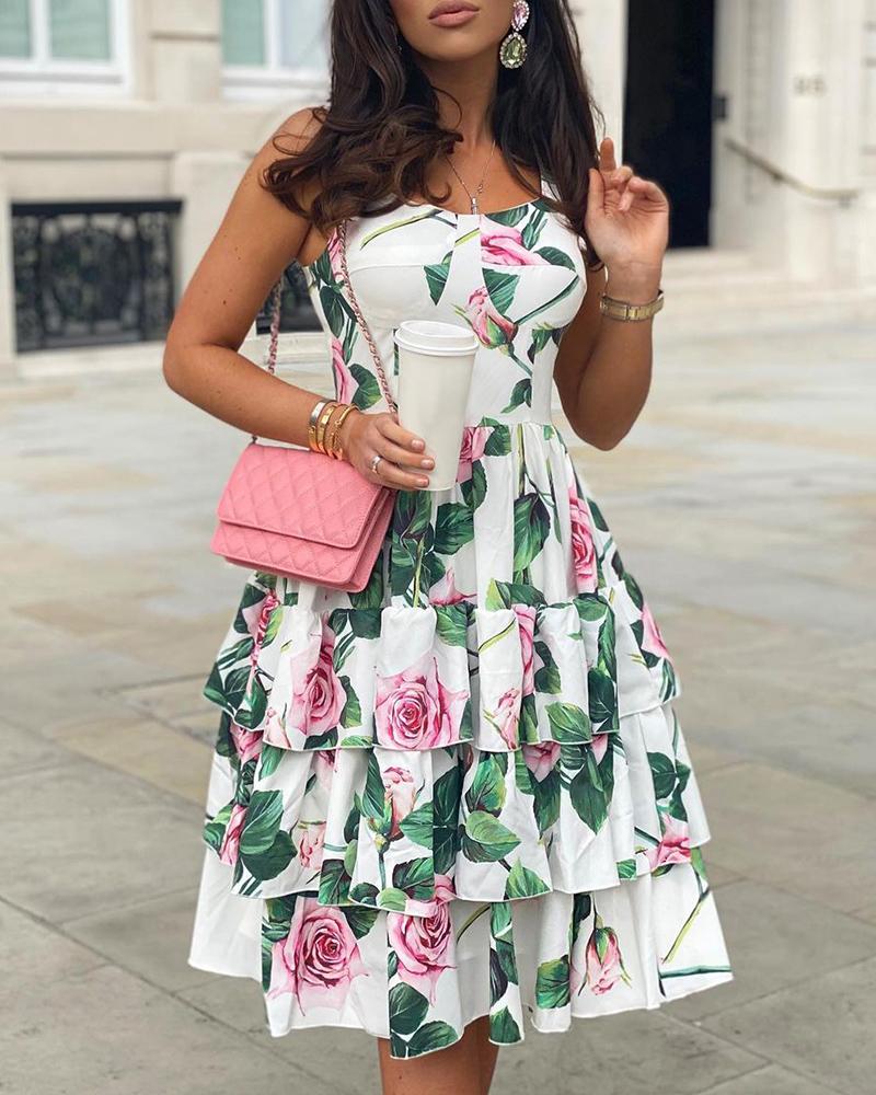 

Layered Ruffle Hem Floral Print Dress, White