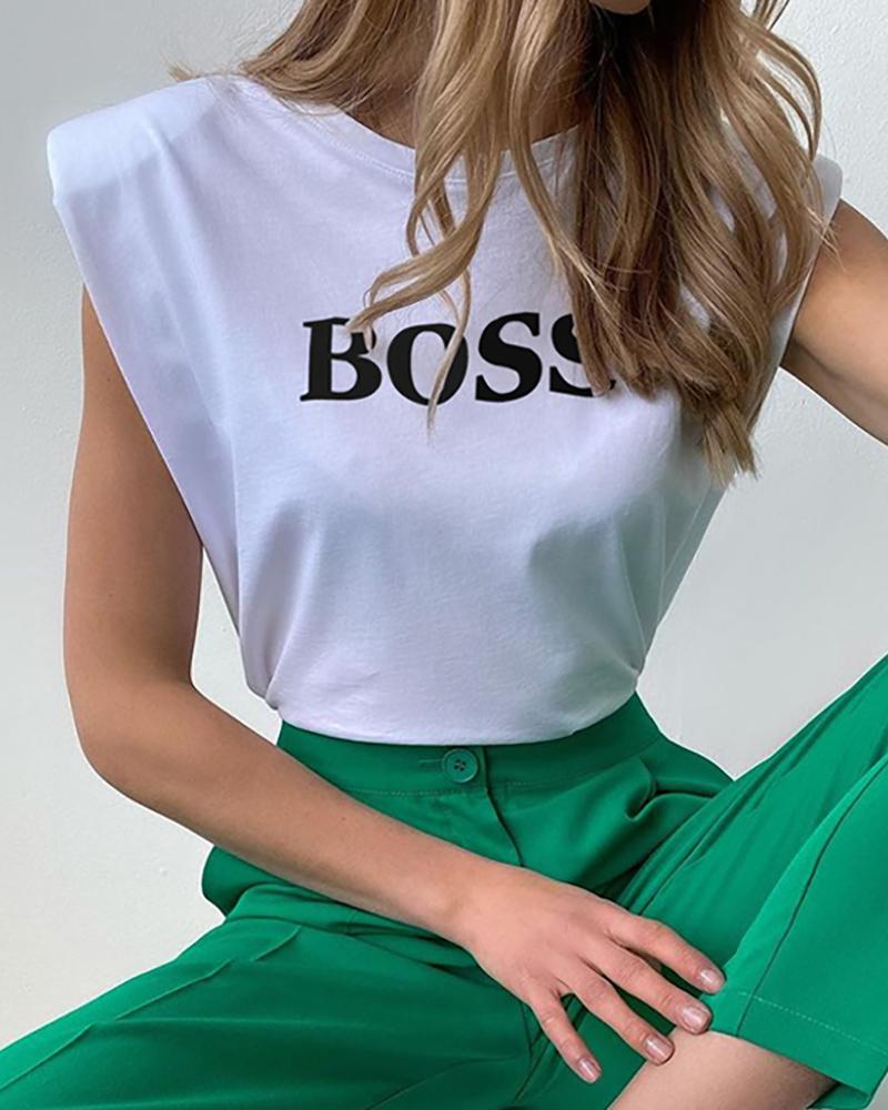 

Letter Print Padded Shoulder Casual Top, White
