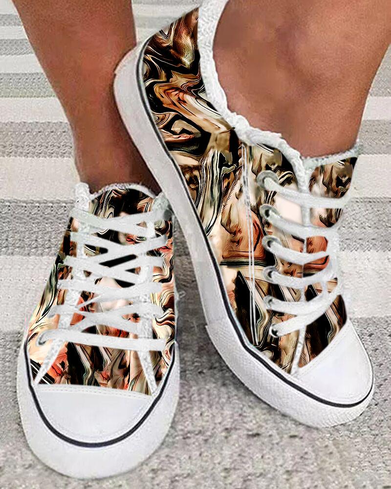 

Marble Print Raw Hem Lace-up Sneakers, Brown