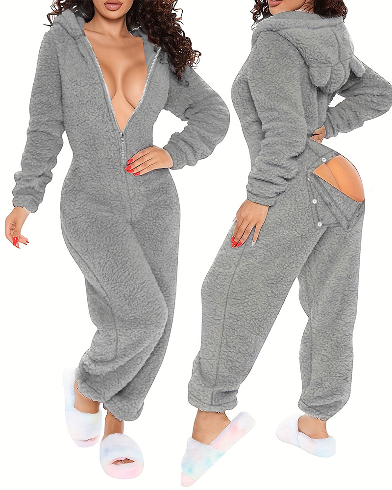 

3D Ear Buttoned Flap Functional Fluffy Lounge Jumpsuit, Light gray