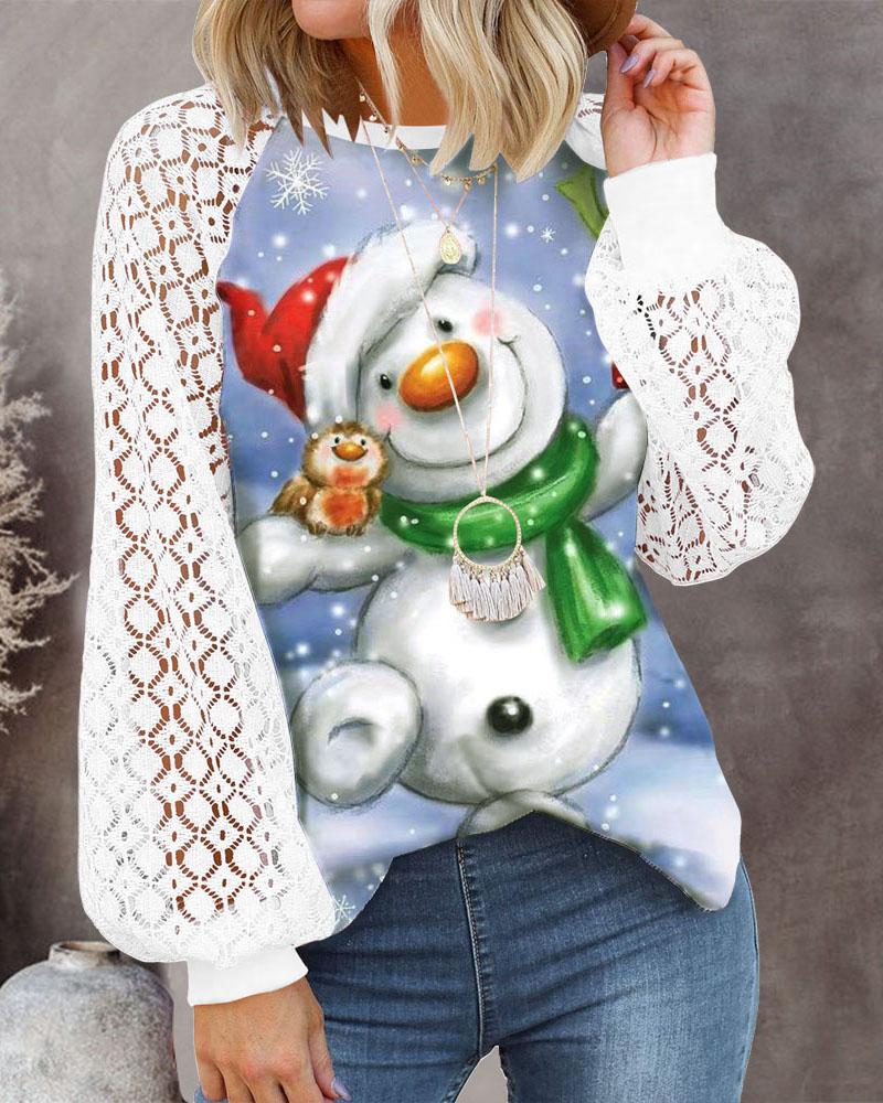 

Christmas Snowman Print Contrast Lace Lantern Sleeve Top, Blue