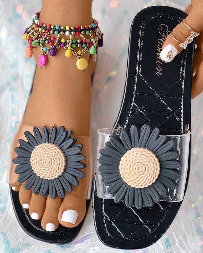 

Sunflower Pattern Round Toe Slippers, Black