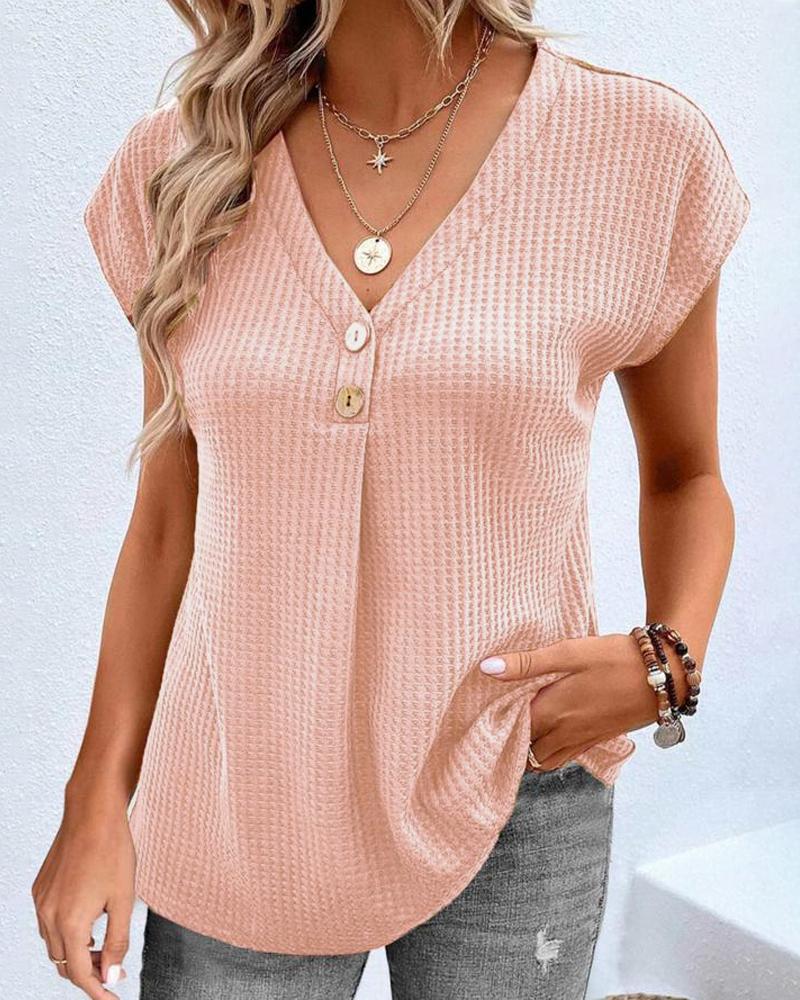 

V-Neck Buttoned Short Sleeve Textured Top, Pink