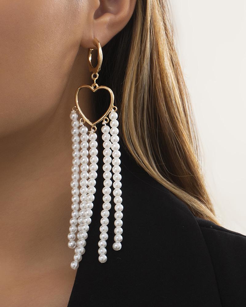 

1pair Heart Shaped Beaded Tassel Design Drop Earrings, Gold