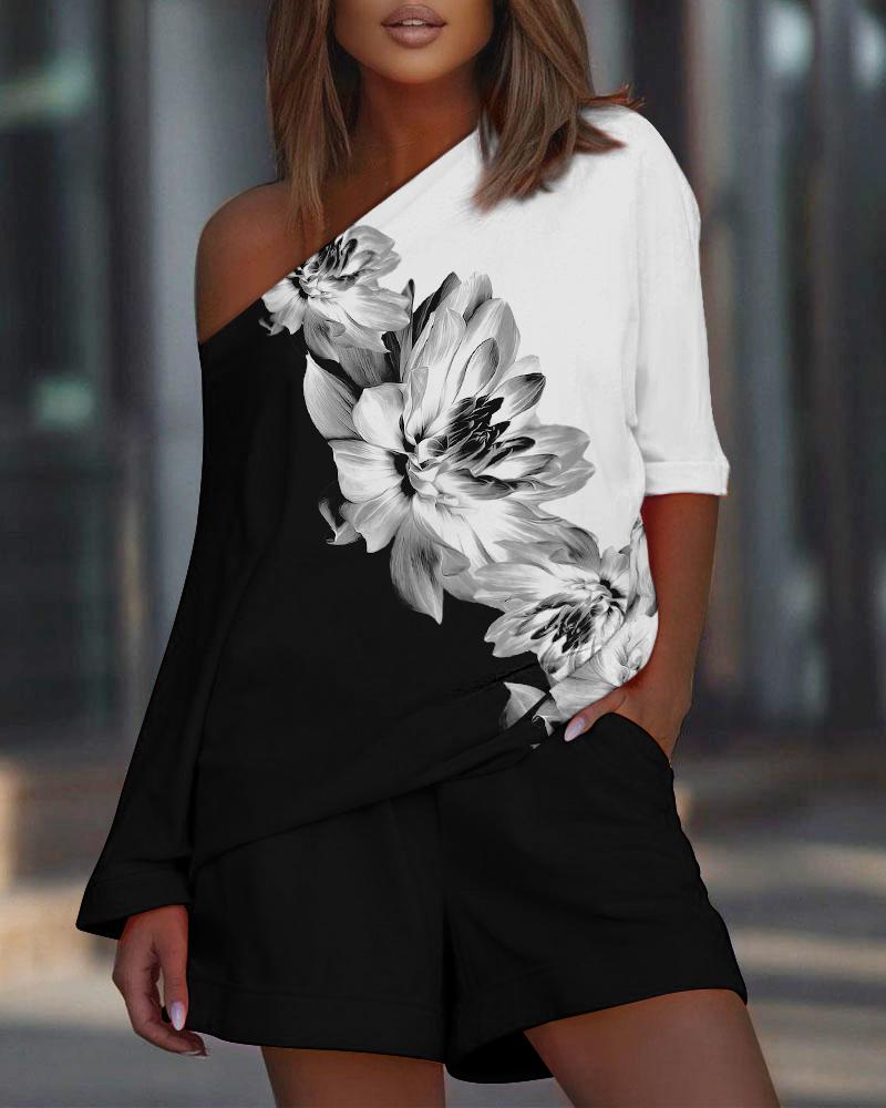 

Floral Print Colorblock Casual Top & Shorts Set, Blackwhite