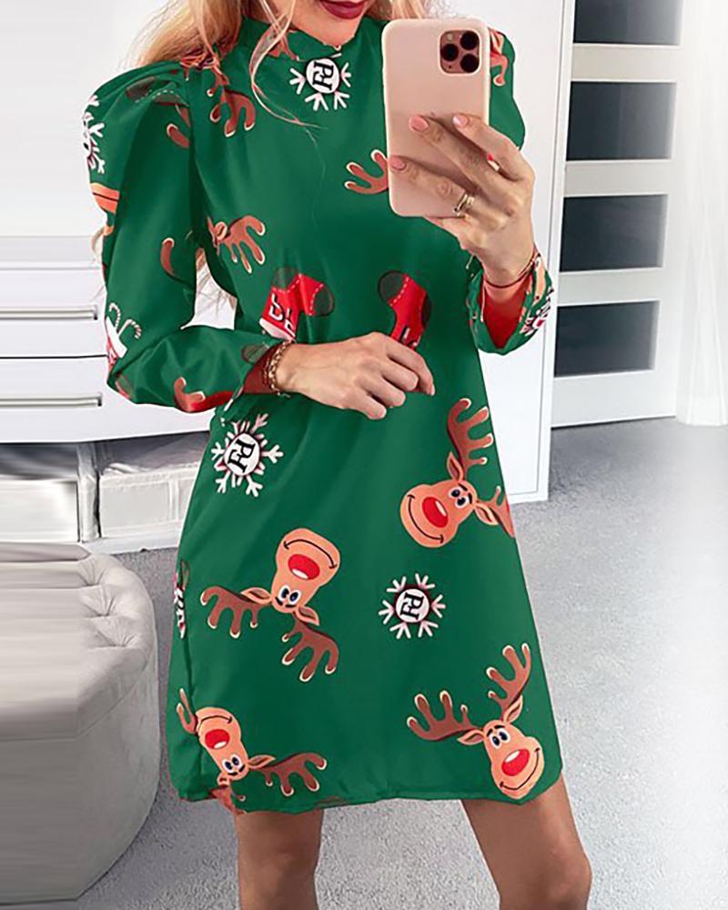 

Christmas Mixed Print Puffed Sleeve Dress, Green