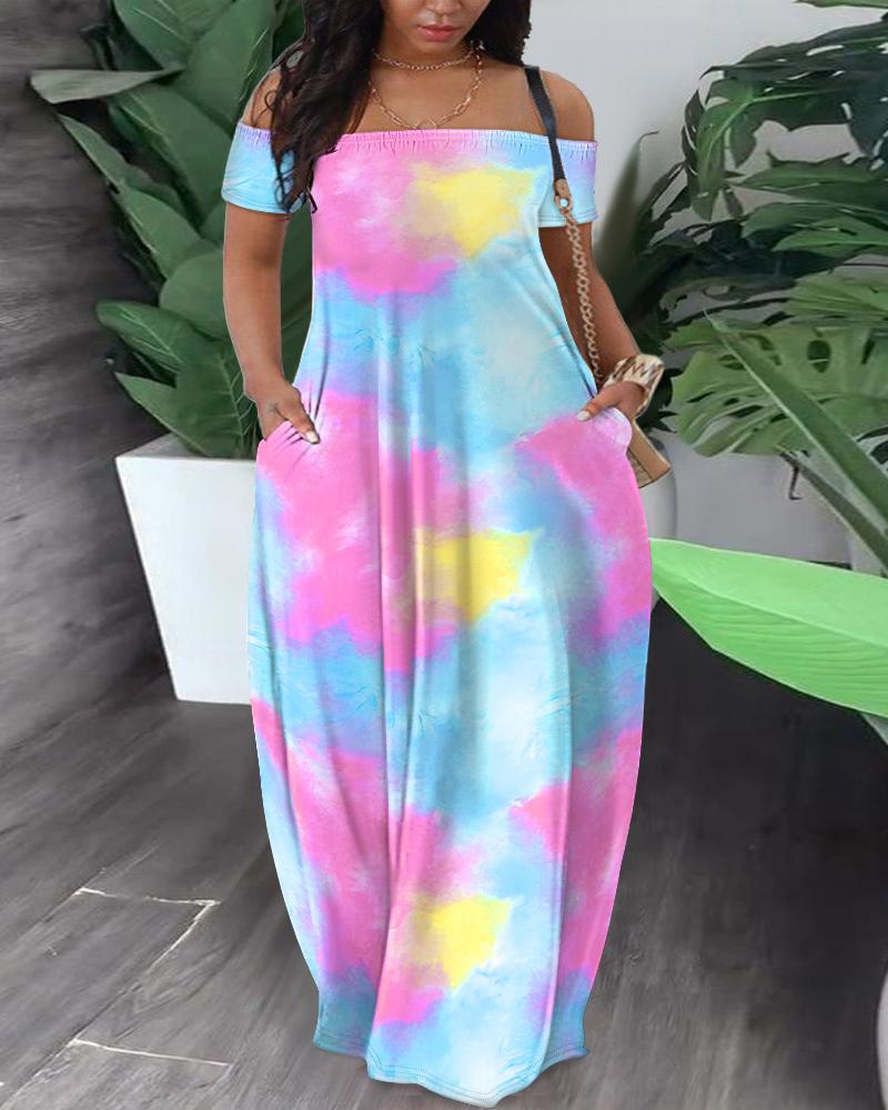 

Plus Size Tie Dye Print Off Shoulder Maxi Dress, Multicolor