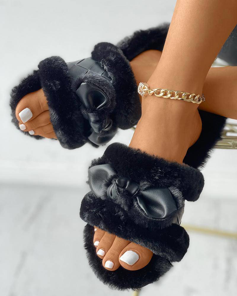 

PU Patch Bowknot Design Fluffy Slippers, Black