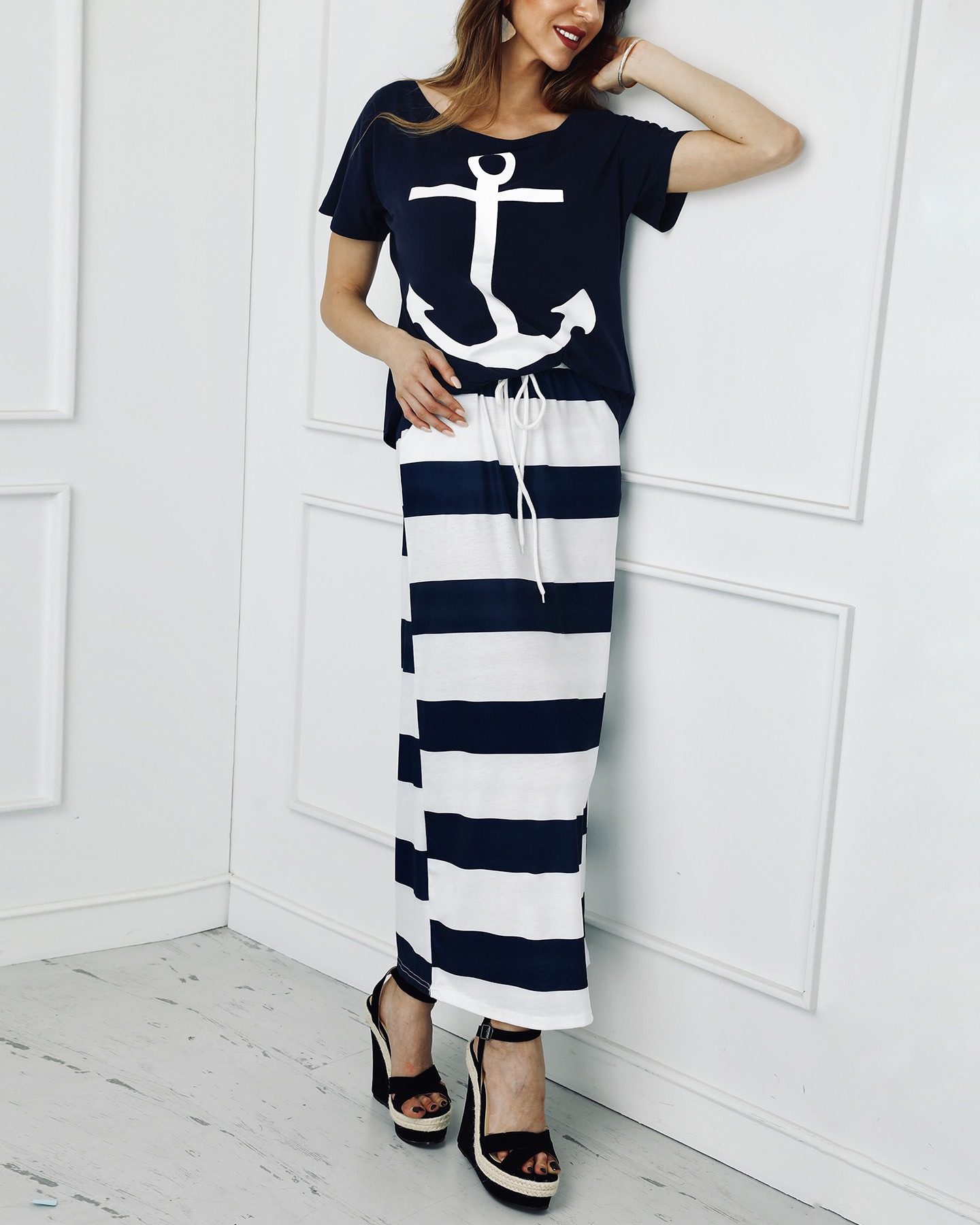 

Boat Anchor Print T-Shirt & Striped Drawstring Skirt Set, Blue