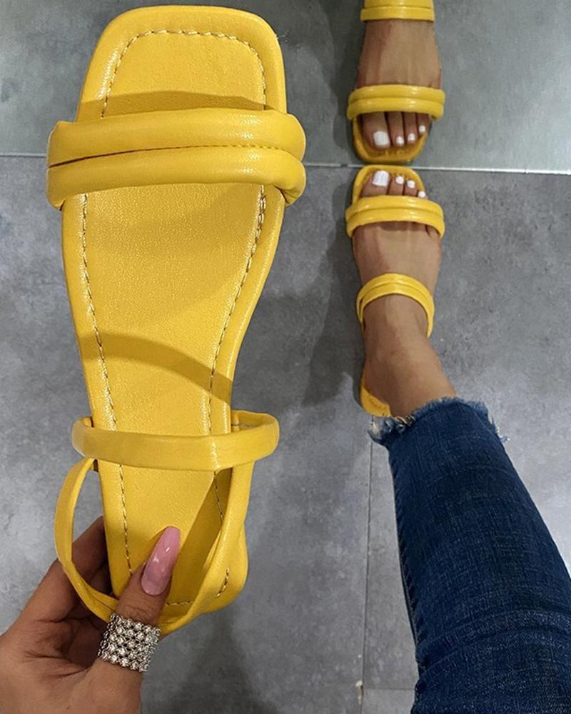 

Square-toe Solid Color PU Leather Flat Sandals, Yellow