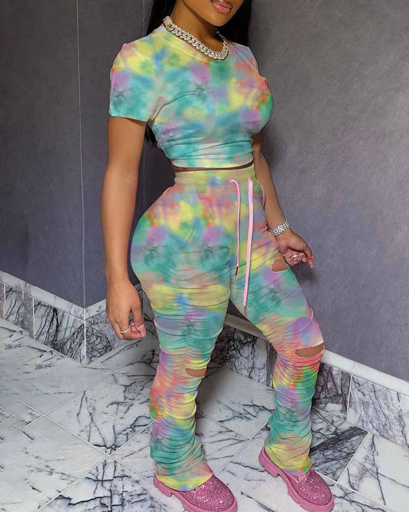 

Tie Dye Print Top & Cutout Pants Set, Multicolor