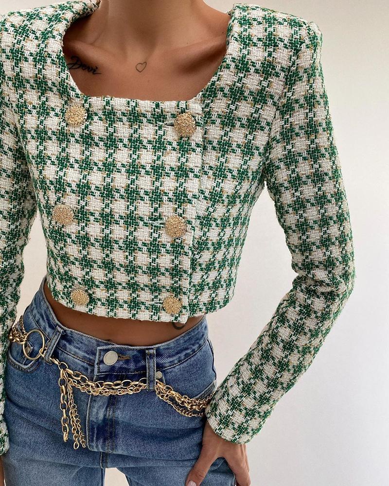 

Plaid Pattern Colorblock Buttoned Blazer Crop Coat, Green