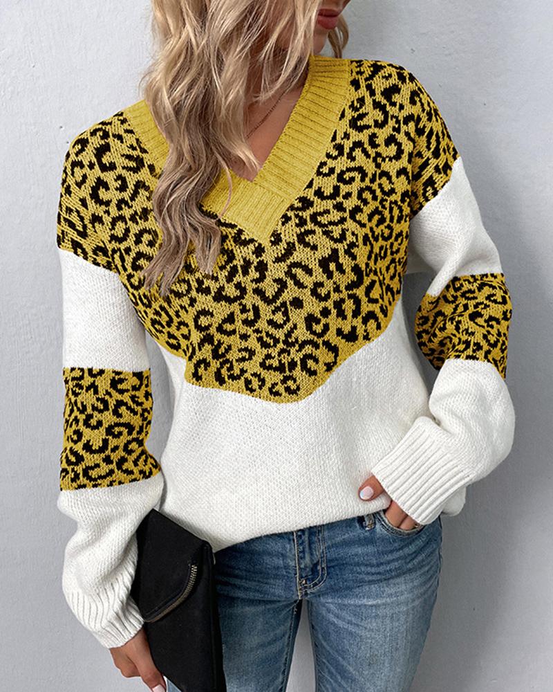 

Leopard Pattern Colorblock V-Neck Knit Sweater, Yellow