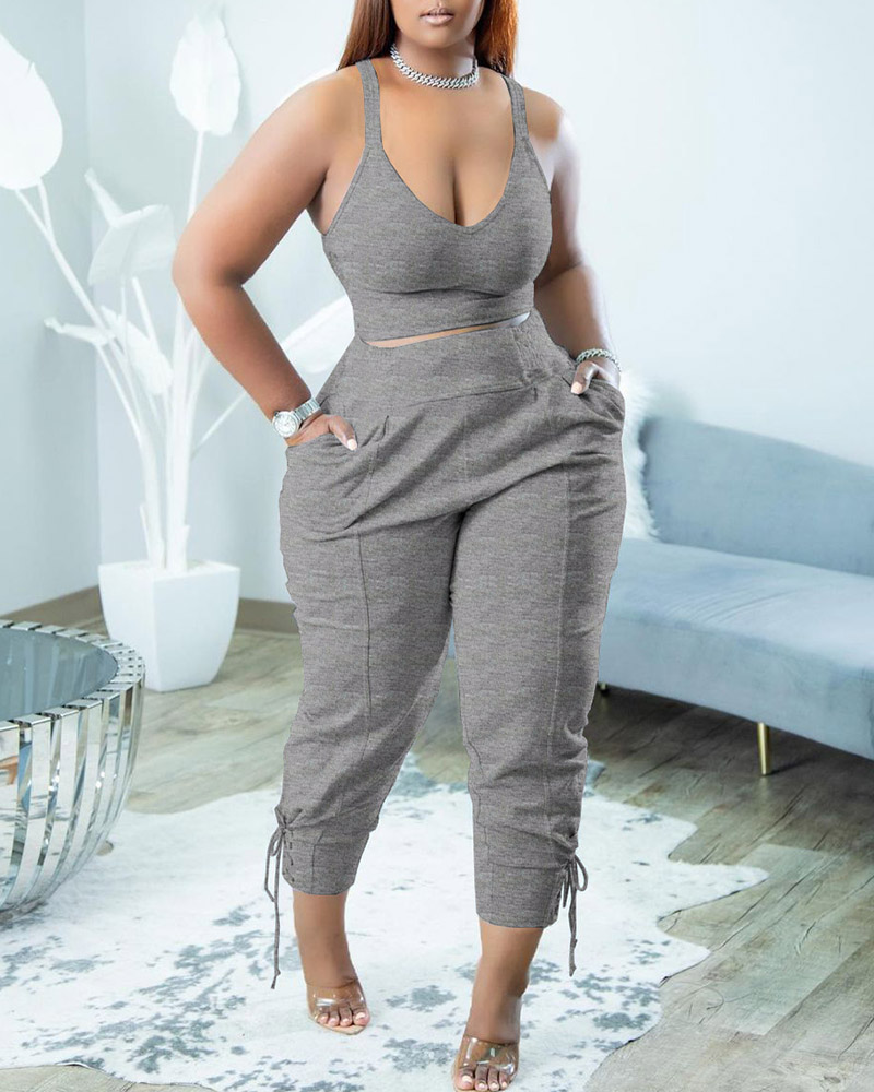 

V-Neck Crop Top & Eyelet Pocket Design Pants Set, Gray