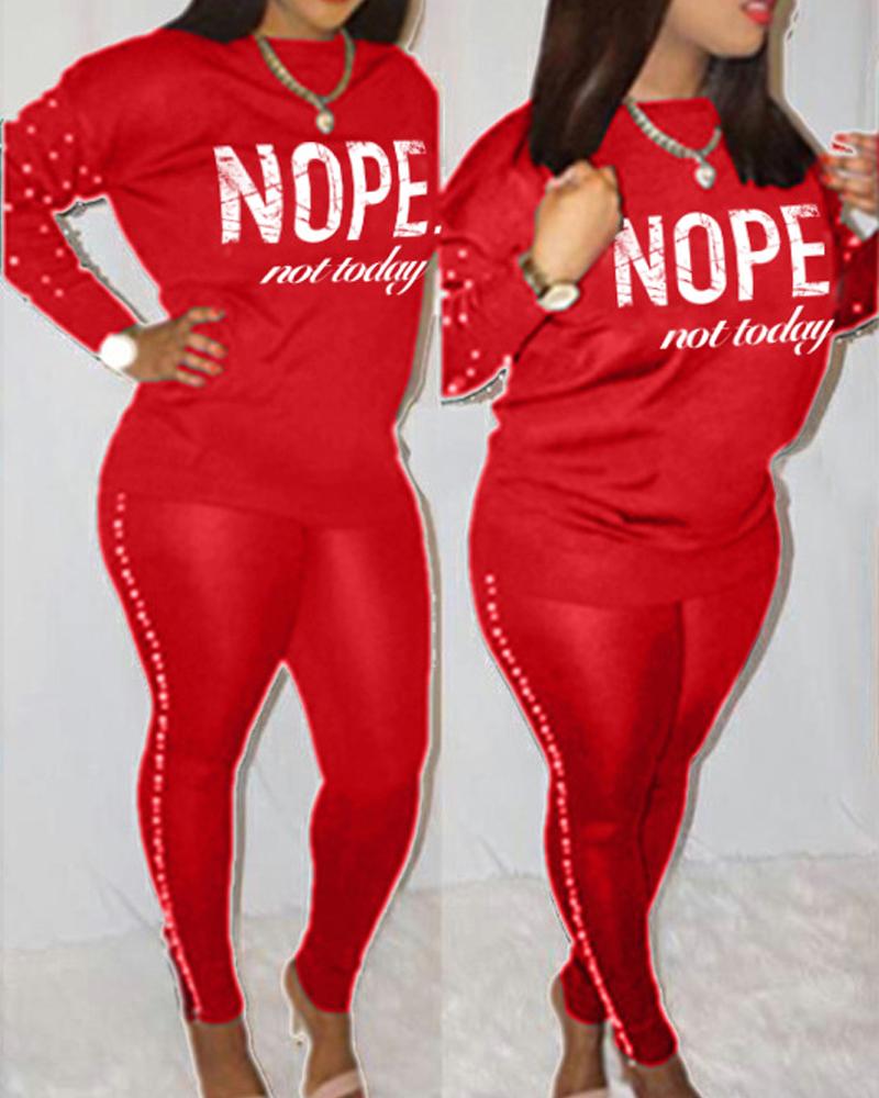 

Letter Print Beaded Decor Long Sleeve Top & Pants Set, Red