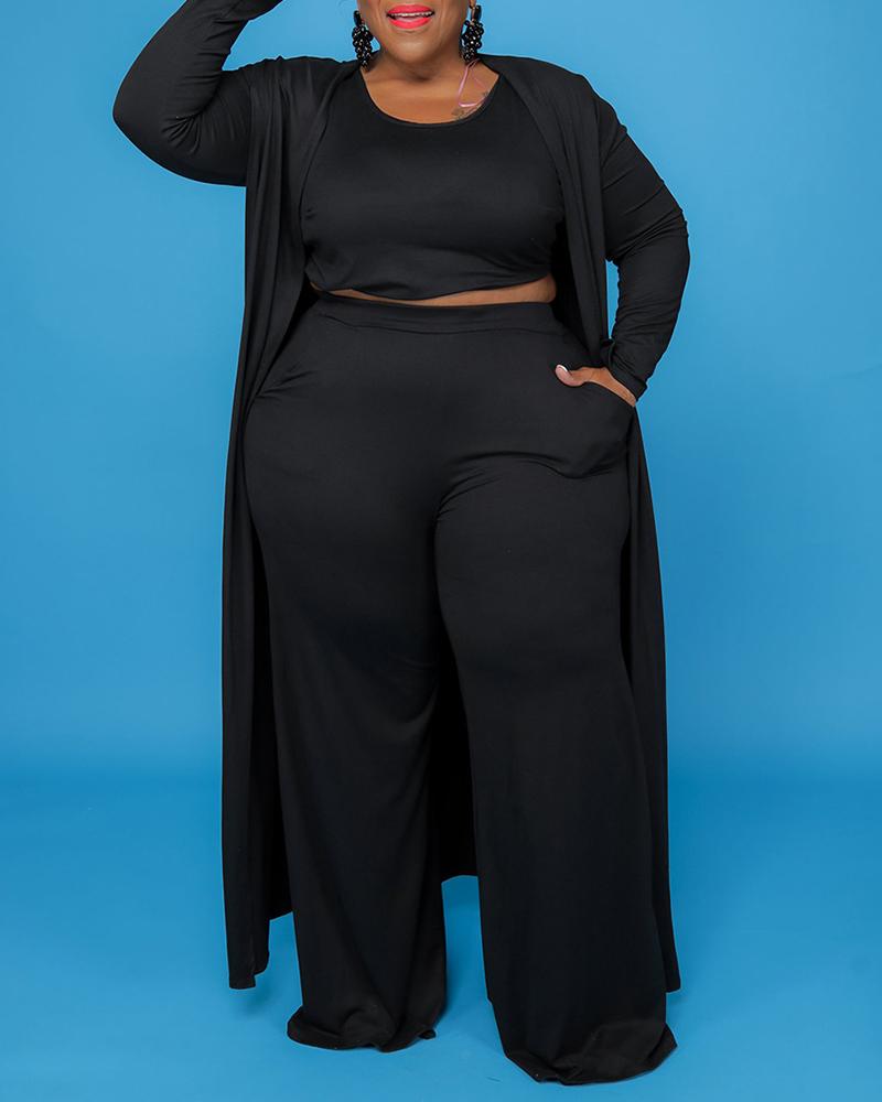 

Plus Size Tank Top & Pocket Design Pants Set With Longline Cardigan, Black