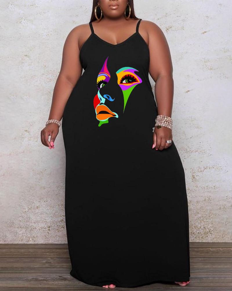

Plus Size Figure Print Spaghetti Strap Maxi Dress, Black