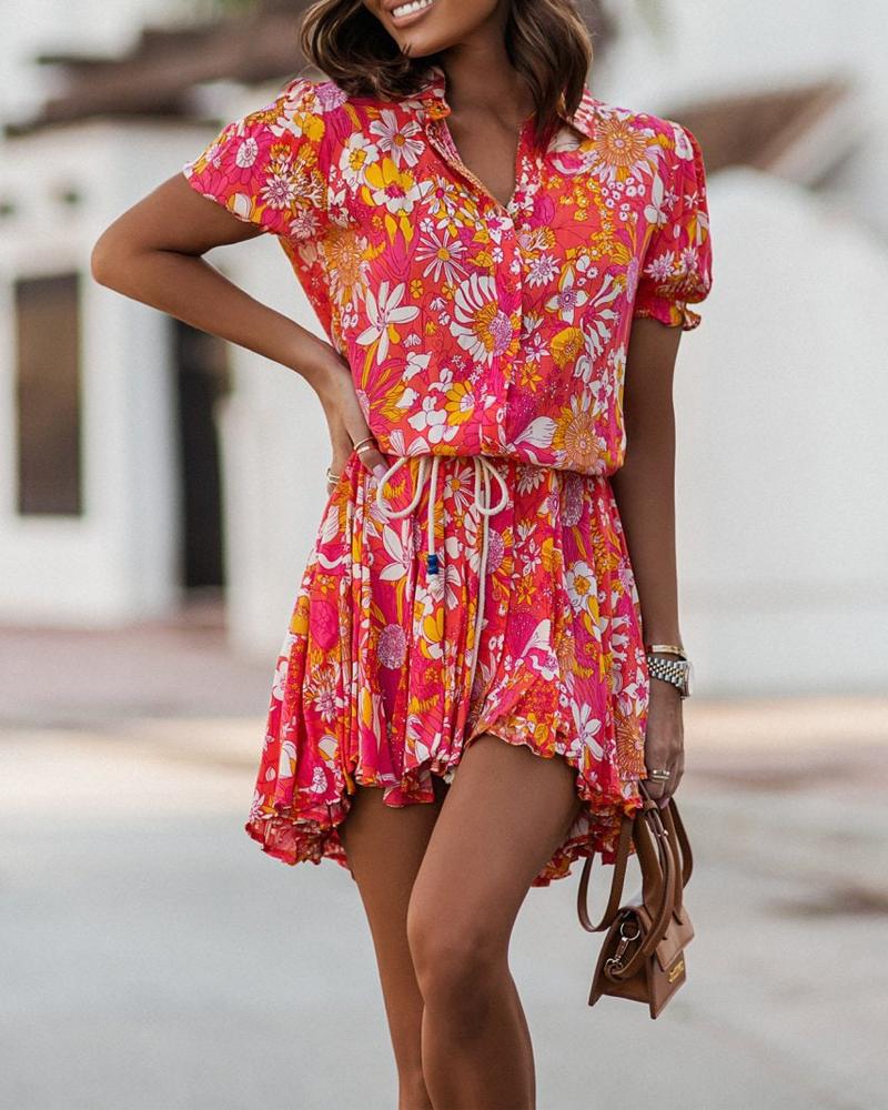 

Plants Print Puff Sleeve Button Front Shirt Dress, Red
