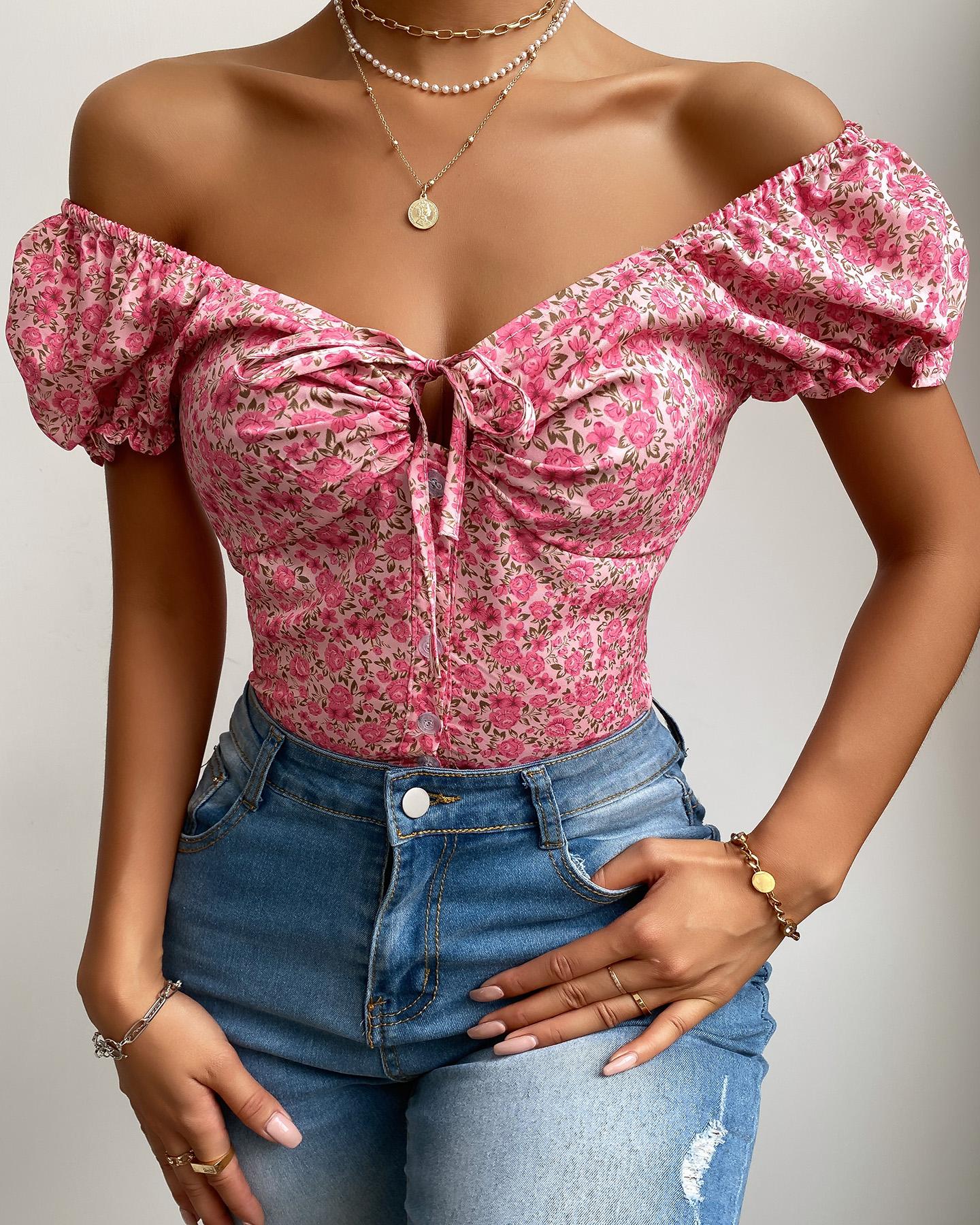 

Tie Front Short Sleeve Floral Print Top, Pink
