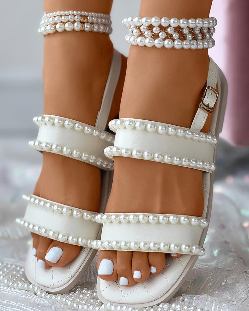 

Pearls Double Strap Slingback Sandals, Beige