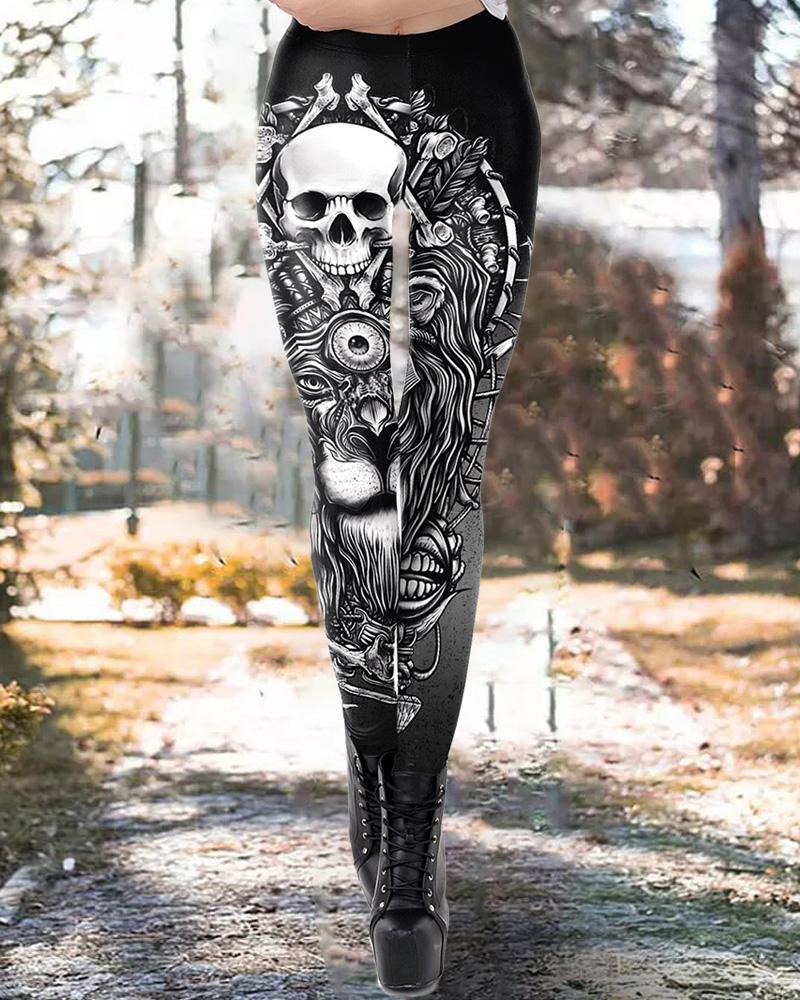 

Halloween Skull Lion Print Vintage Leggings, Black
