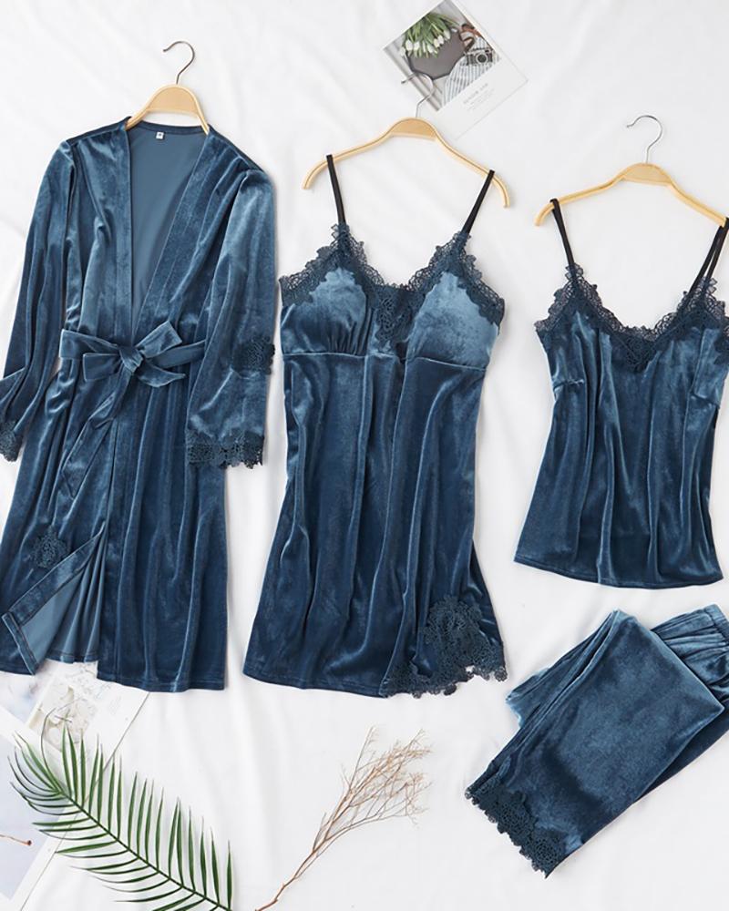 

4PCS Velvet Plain Lace Trim Sleepwear Sets, Blue