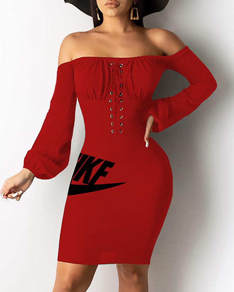 

Letter Print Off Shoulder Eyelet Lace Up Ruched Dress, Red